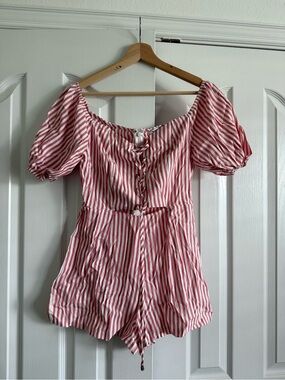 Renvy Red and White Striped Puff-Sleeve Rompers
